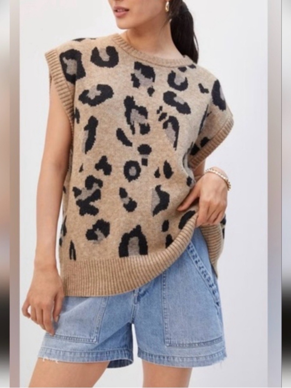 Anthropologie Leopard-Print Sleeveless Sweater Vest in Camel & Black OS